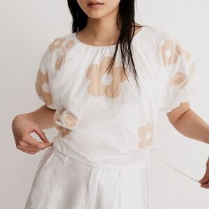 Madewell Embroidered Poplin Puff-Sleeve Cutout Crop Top Size Small
